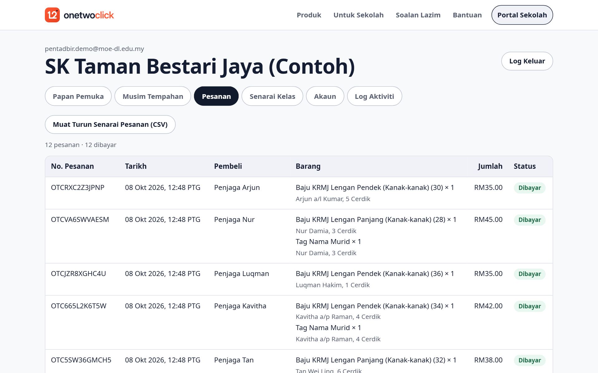 Senarai pesanan dalam Portal Sekolah