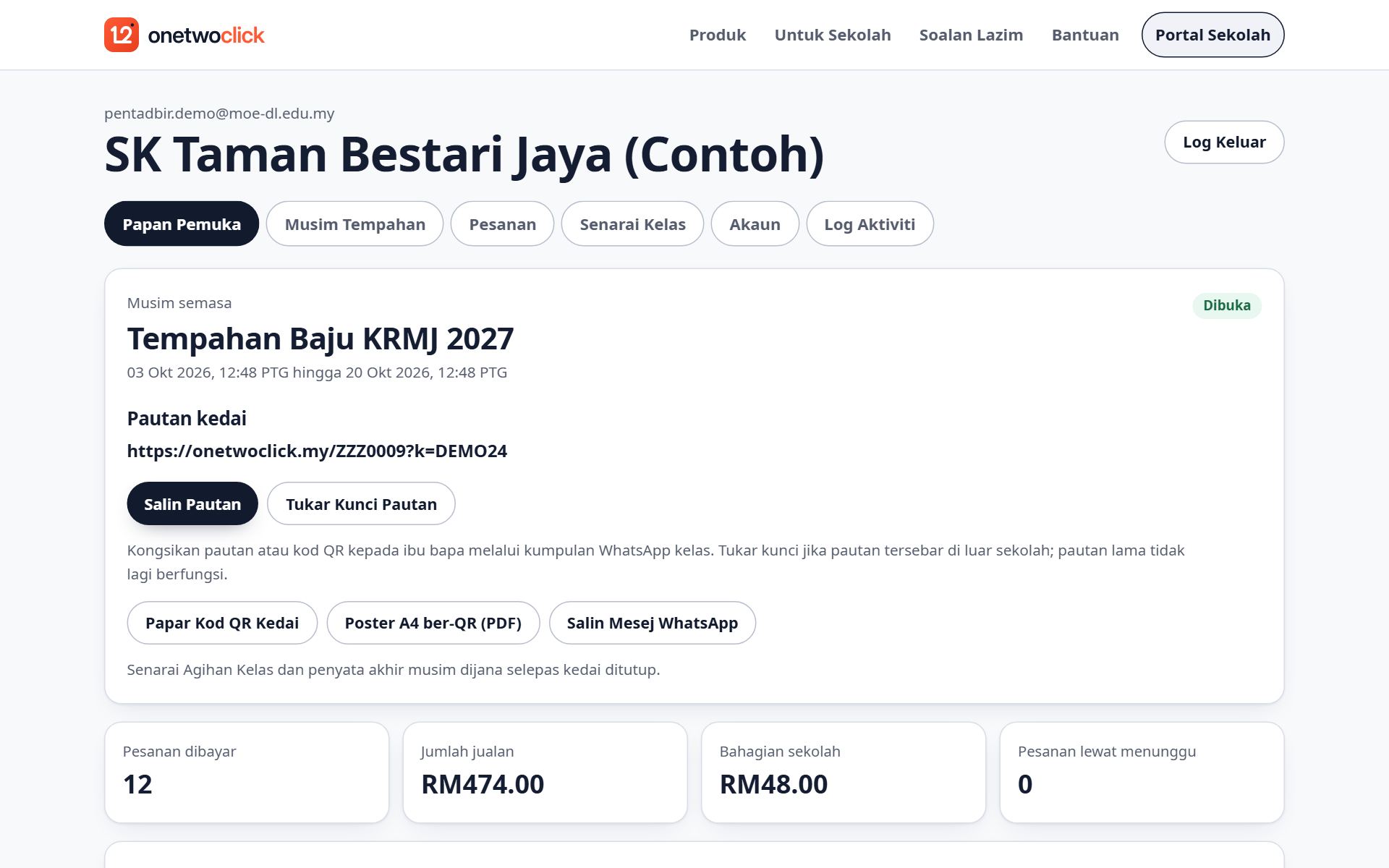 Papan pemuka Portal Sekolah: musim semasa, pautan kedai dan jumlah jualan
