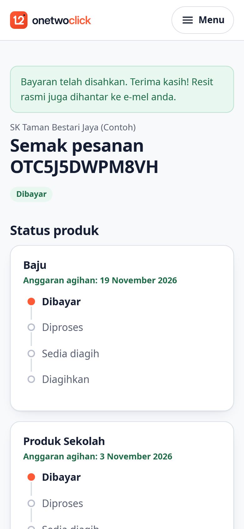 Halaman semak pesanan dengan status bayaran dan anggaran tarikh agihan